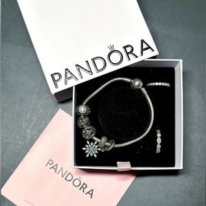 Pandora set - Bracelet, 5 charms, 2 rings